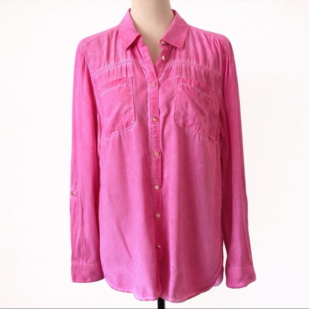 FDJ Women's Viscose Dye Wash Pink Button-Down Shirt with Chest Pockets SZ 10